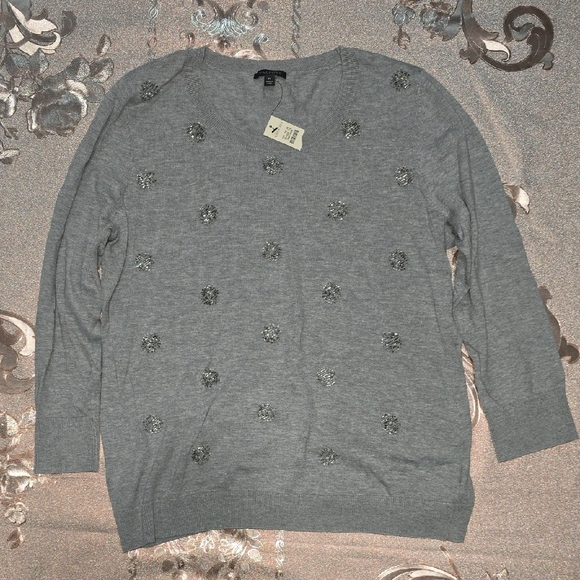 Talbots Sweaters - Talbots Gray V-Neck Sweater with Embellishments